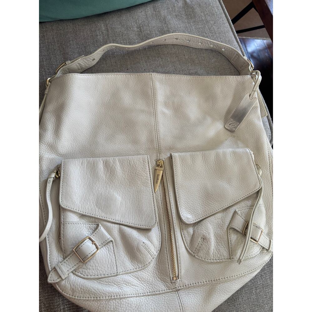 Botkier Cream Pebbled Leather Large Hobo Shoulder Bag Gold Hardware Spike Zip